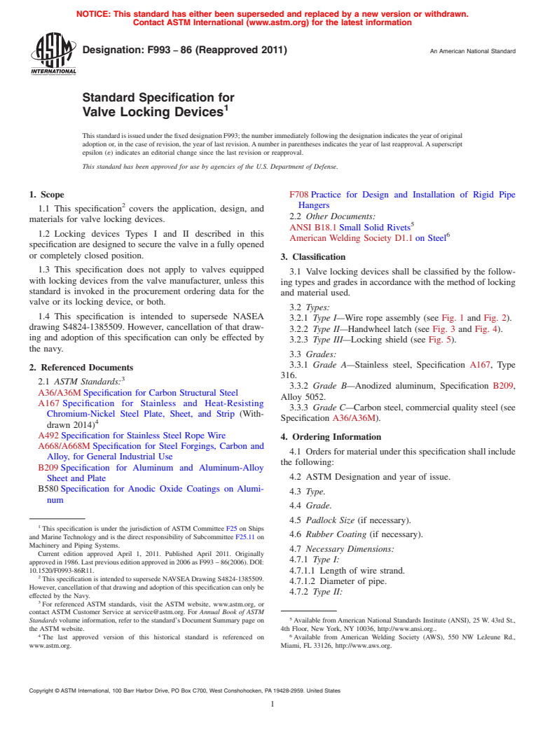 ASTM F993-86(2011) - Standard Specification for Valve Locking Devices