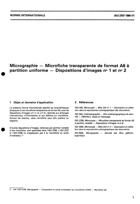 ISO 2707:1980 - Micrographie -- Microfiche transparente de format A6 a partition uniforme -- Dispositions d'images no. 1 et no. 2