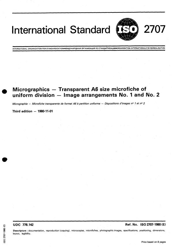 ISO 2707:1980 - Micrographics -- Transparent A6 size microfiche of uniform division -- Image arrangements No. 1 and No. 2