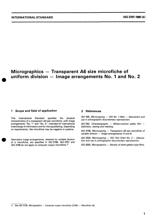 ISO 2707:1980 ISO 2707:1980 - Micrographics -- Transparent A6 size microfiche of uniform division -- Image arrangements No. 1 and No. 2 - Page 4 preview