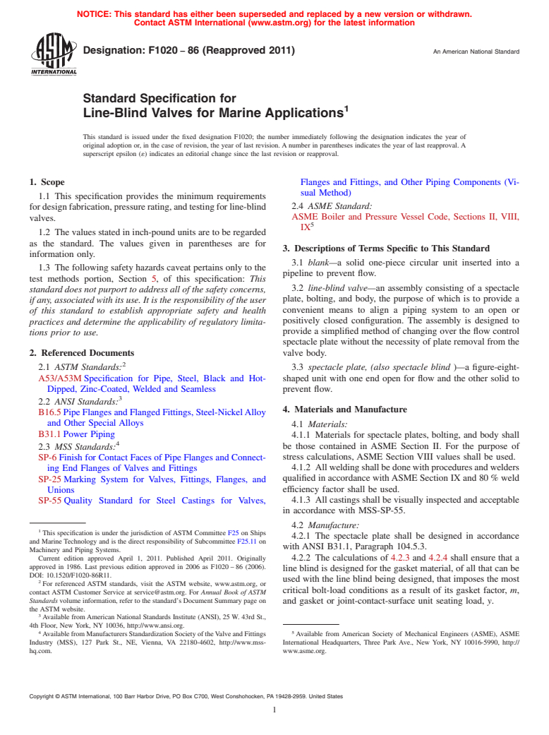 ASTM F1020-86(2011) - Standard Specification for Line-Blind Valves for Marine Applications