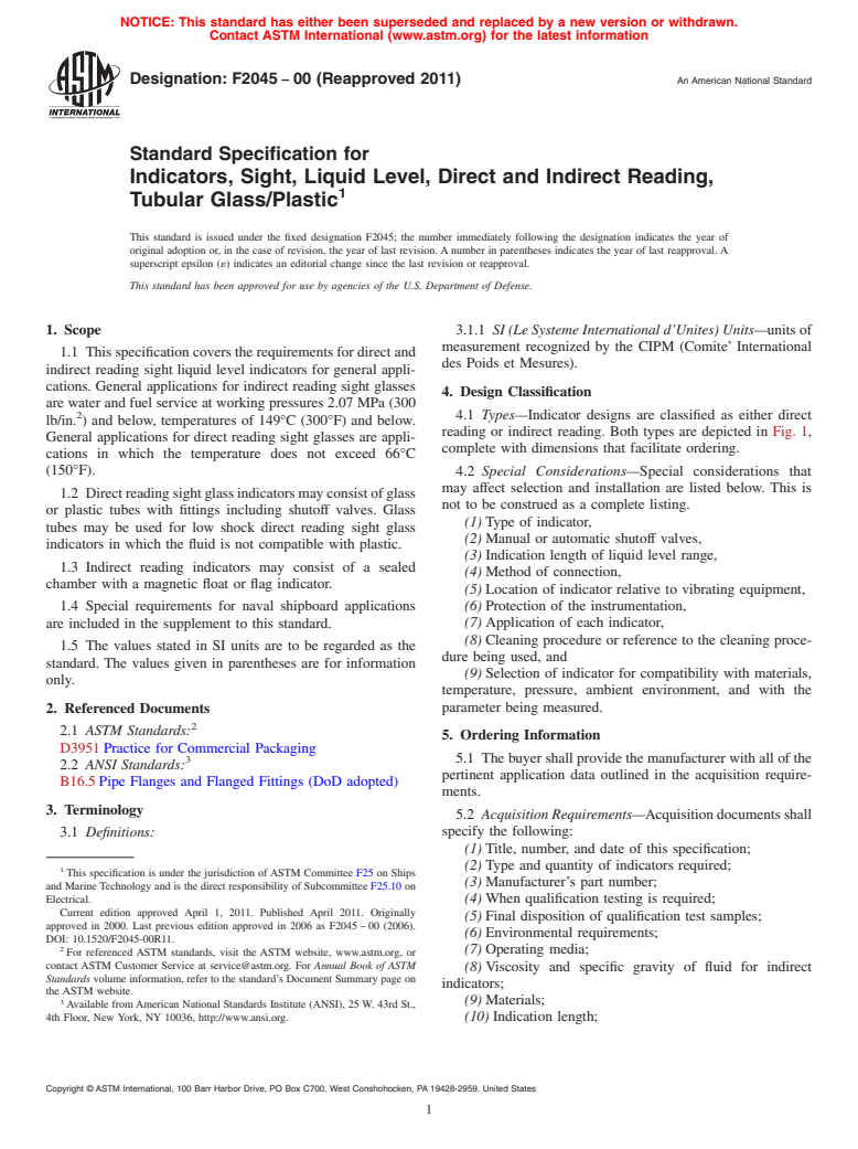 ASTM F2045-00(2011) - Standard Specification for Indicators, Sight, Liquid Level, Direct and Indirect Reading, Tubular Glass/Plastic