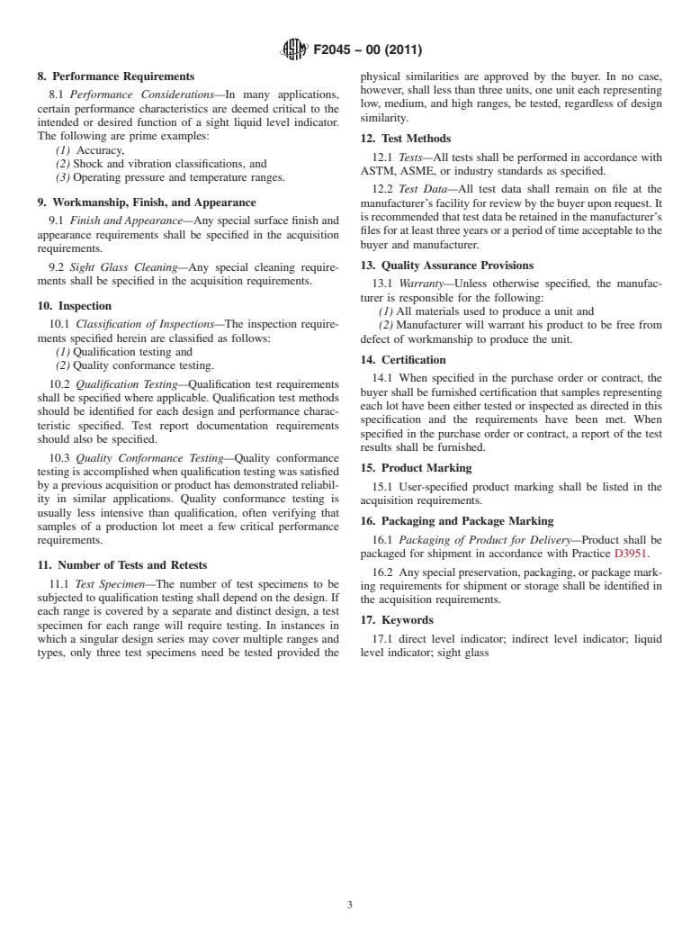 ASTM F2045-00(2011) - Standard Specification for Indicators, Sight, Liquid Level, Direct and Indirect Reading, Tubular Glass/Plastic