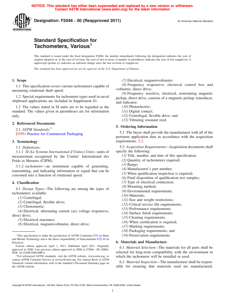 ASTM F2046-00(2011) - Standard Specification for Tachometers, Various