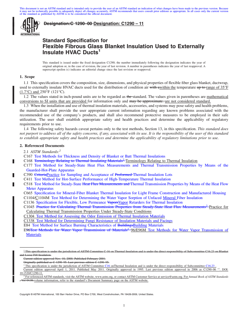 REDLINE ASTM C1290-11 - Standard Specification for Flexible Fibrous Glass Blanket Insulation Used to Externally Insulate HVAC Ducts