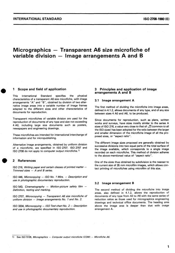 ISO 2708:1980 - Micrographics -- Transparent A6 size microfiche of variable division -- Image arrangements A and B