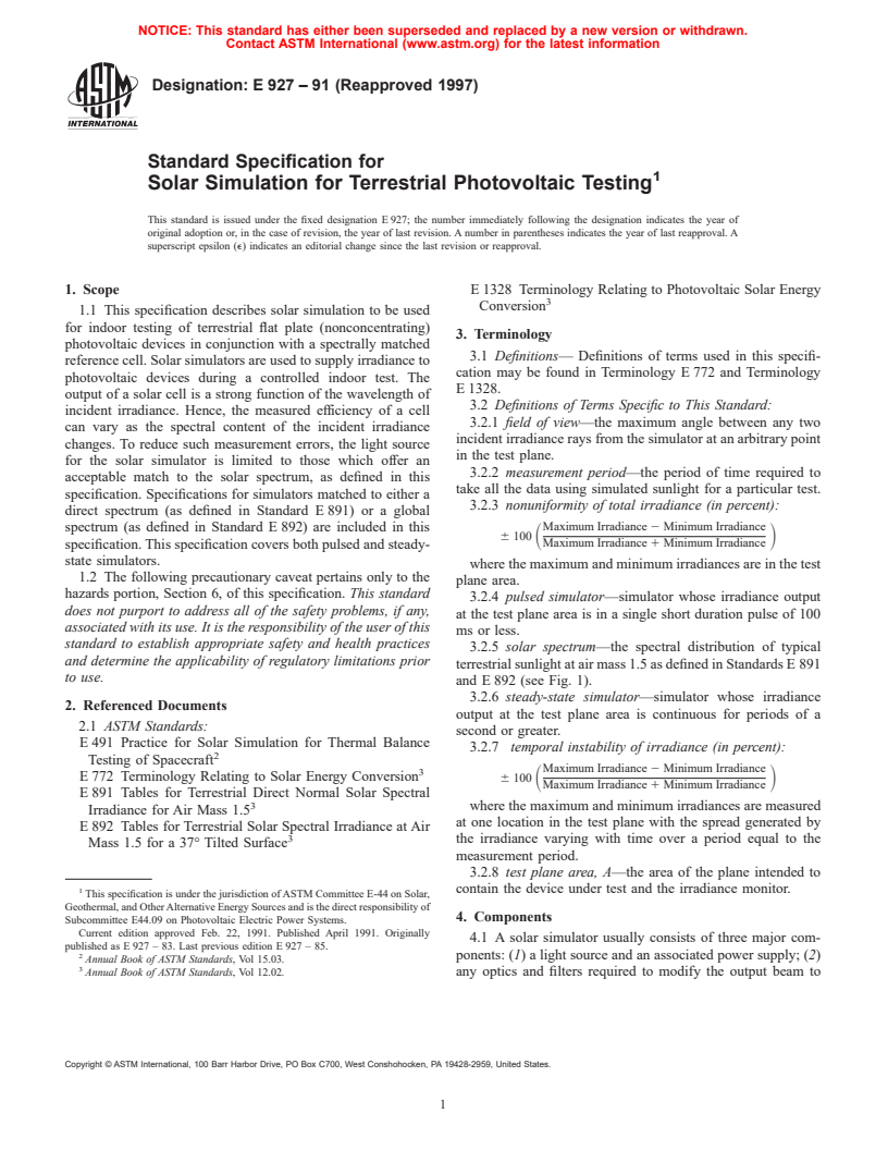 ASTM E927-91(1997) - Standard Specification for Solar Simulation for Terrestrial Photovoltaic Testing