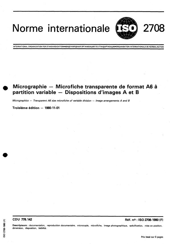 ISO 2708:1980 - Micrographie -- Microfiche transparente de format A6 a partition variable -- Dispositions d'images A et B