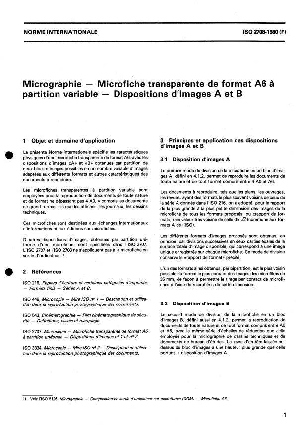 ISO 2708:1980 - Micrographie -- Microfiche transparente de format A6 a partition variable -- Dispositions d'images A et B