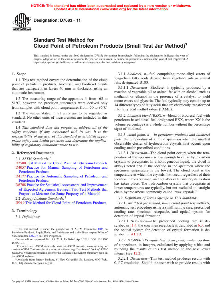 ASTM D7683-11 - Standard Test Method for Cloud Point of Petroleum Products (Small Test Jar Method)