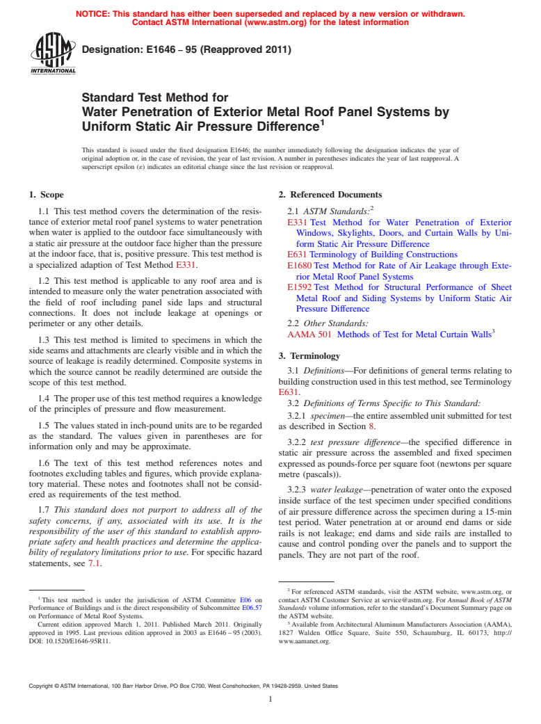 ASTM E1646-95(2011) - Standard Test Method for Water Penetration of Exterior Metal Roof Panel Systems by Uniform Static Air Pressure Difference