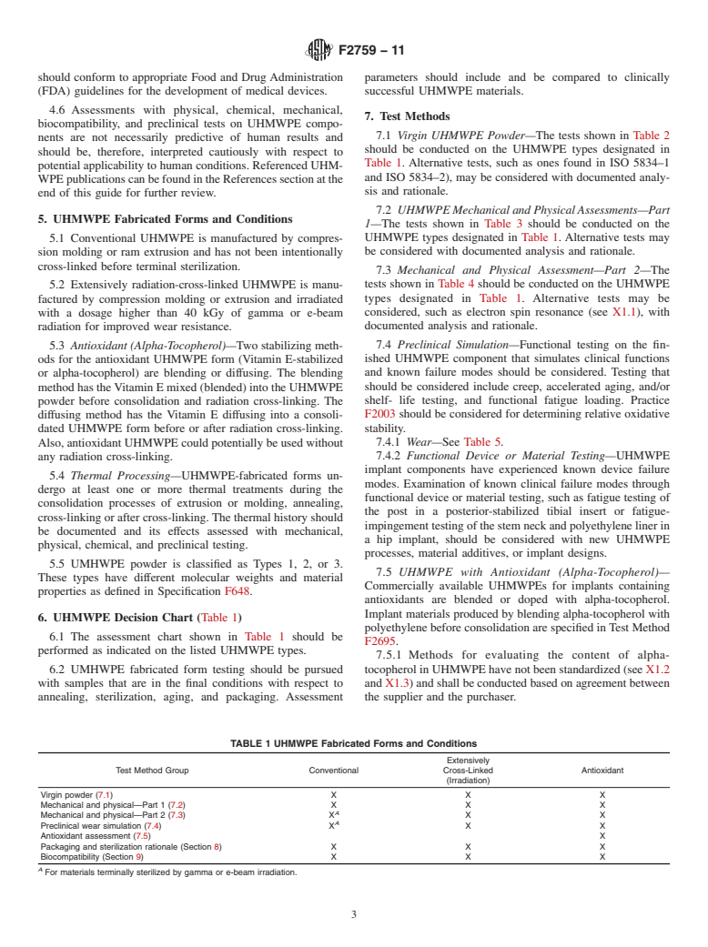 ASTM F2759-11 - Standard Guide for Assessment of the Ultra High Molecular Weight Polyethylene (UHMWPE) Used in Orthopedic and Spinal Devices