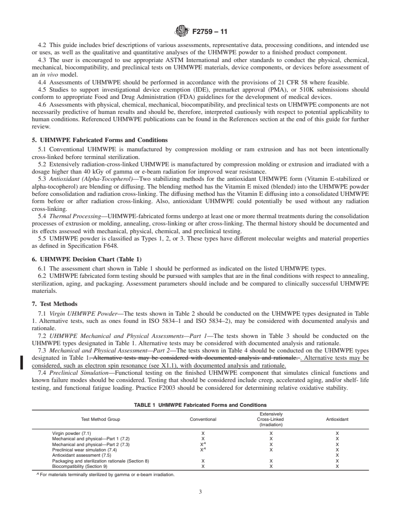 REDLINE ASTM F2759-11 - Standard Guide for Assessment of the Ultra High Molecular Weight Polyethylene (UHMWPE) Used in Orthopedic and Spinal Devices