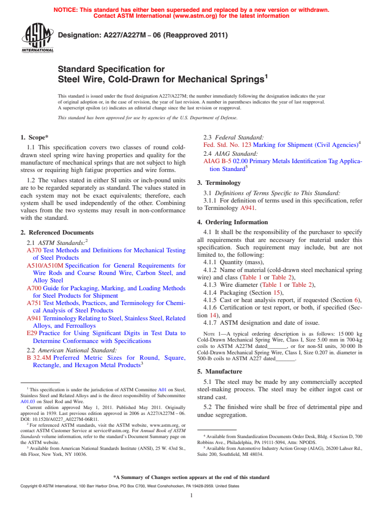 ASTM A227/A227M-06(2011) - Standard Specification for Steel Wire, Cold-Drawn for Mechanical Springs