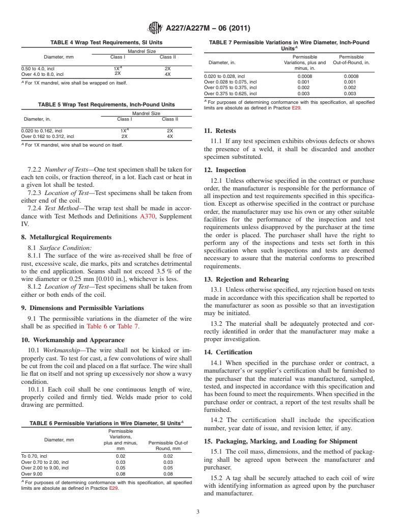 ASTM A227/A227M-06(2011) - Standard Specification for Steel Wire, Cold-Drawn for Mechanical Springs