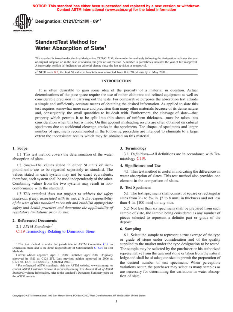 ASTM C121/C121M-09e1 - Standard Test Method for Water Absorption of Slate