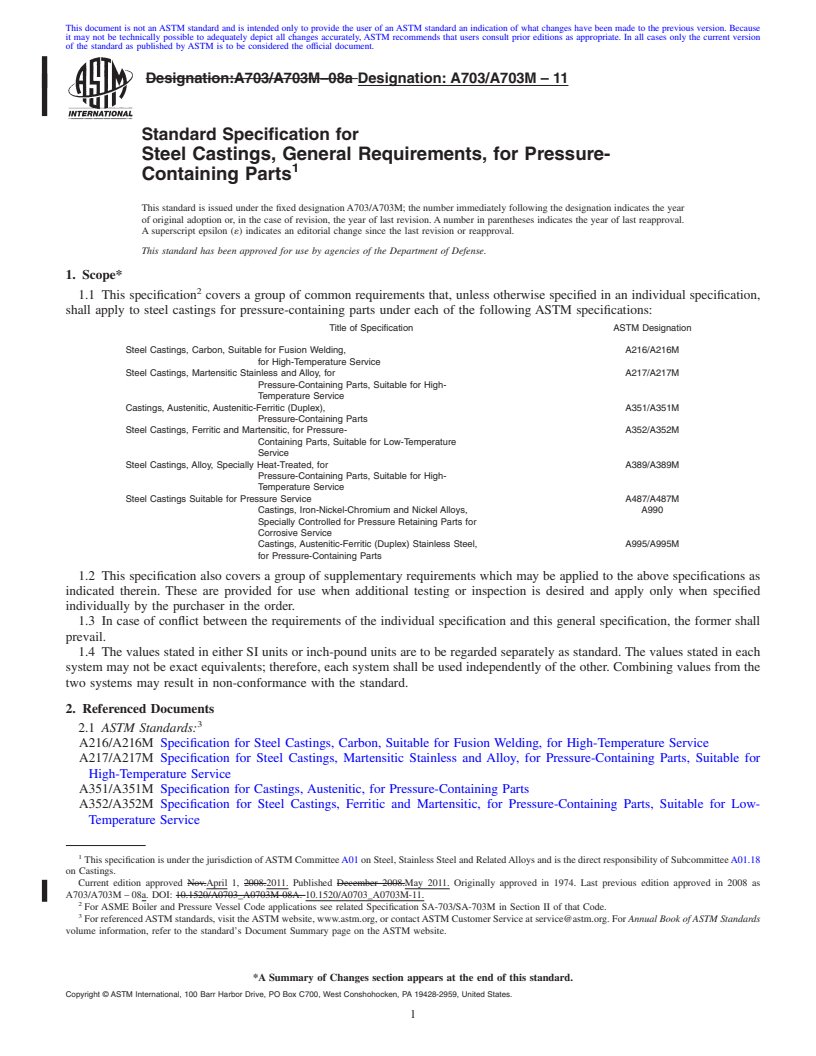 REDLINE ASTM A703/A703M-11 - Standard Specification for Steel Castings, General Requirements, for Pressure-Containing Parts