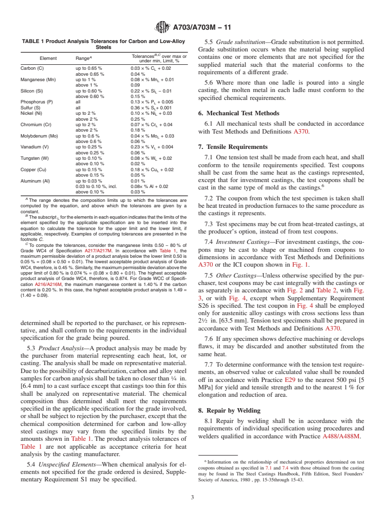 ASTM A703/A703M-11 - Standard Specification for Steel Castings, General Requirements, for Pressure-Containing Parts