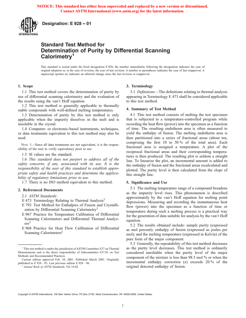 ASTM E928-01 - Standard Test Method for Determination of Purity by Differential Scanning Calorimetry