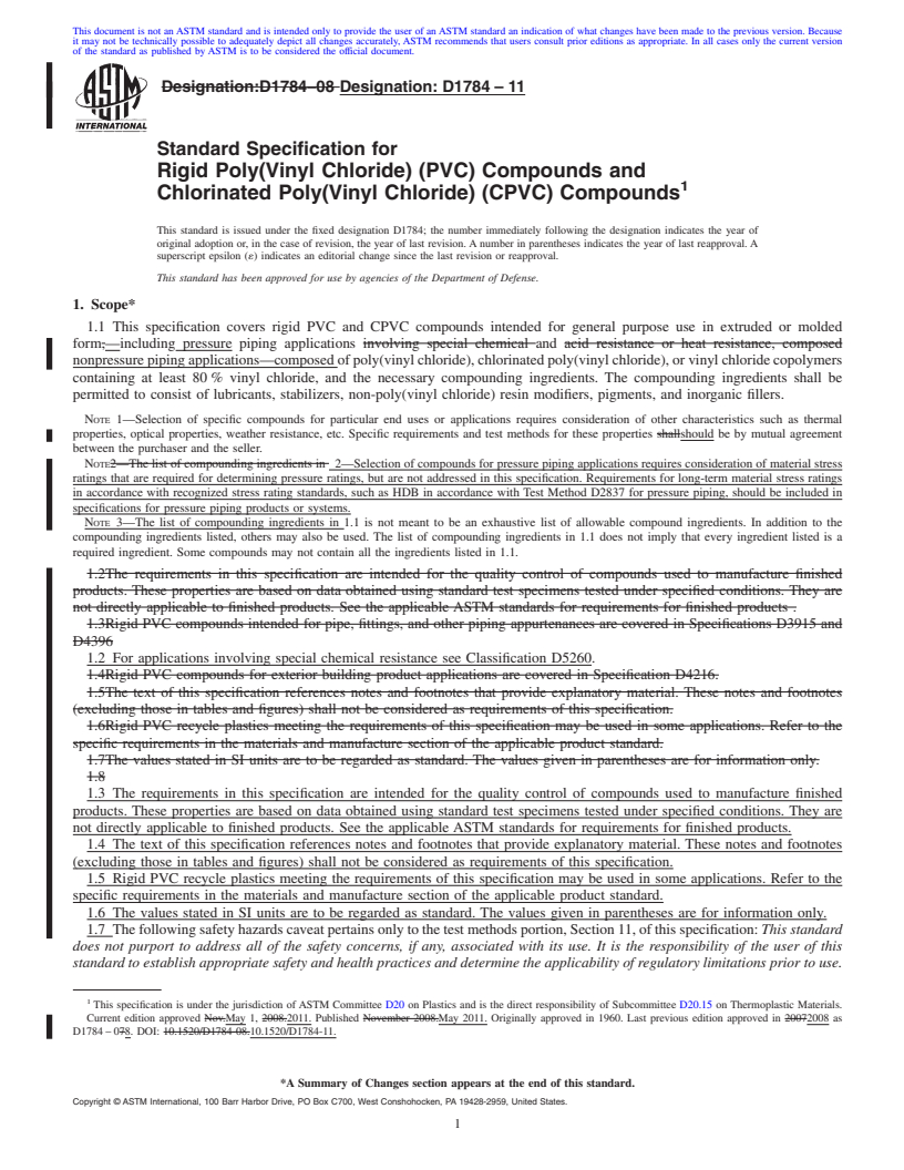 REDLINE ASTM D1784-11 - Standard Specification for Rigid Poly(Vinyl Chloride) (PVC) Compounds and Chlorinated Poly(Vinyl Chloride) (CPVC) Compounds