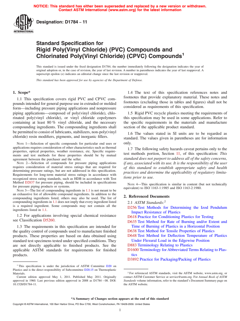 ASTM D1784-11 - Standard Specification for Rigid Poly(Vinyl Chloride) (PVC) Compounds and Chlorinated Poly(Vinyl Chloride) (CPVC) Compounds