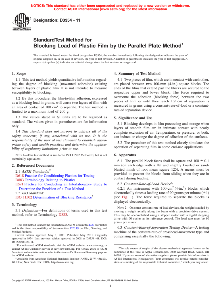 ASTM D3354-11 - Standard Test Method for Blocking Load of Plastic Film by the Parallel Plate Method