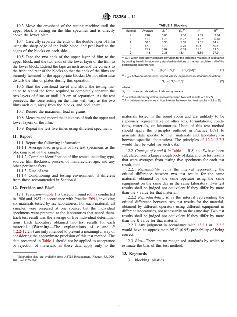 ASTM D3354-11 - Standard Test Method for Blocking Load of Plastic Film by the Parallel Plate Method