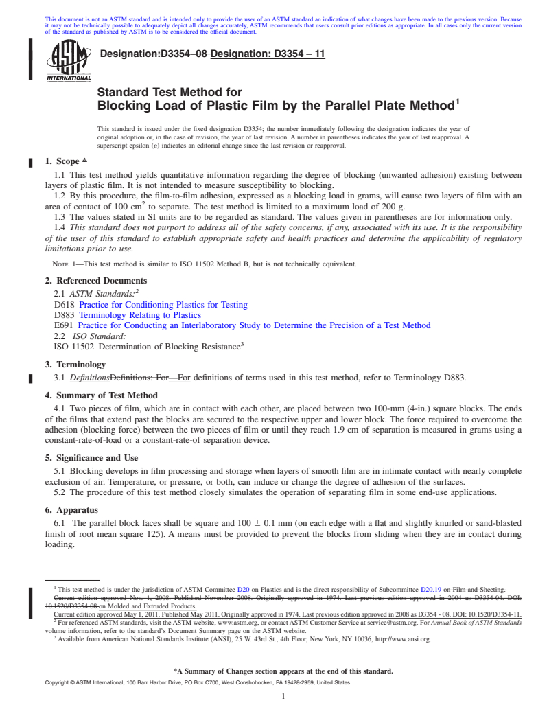 REDLINE ASTM D3354-11 - Standard Test Method for Blocking Load of Plastic Film by the Parallel Plate Method