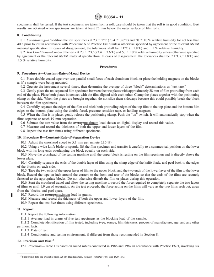 REDLINE ASTM D3354-11 - Standard Test Method for Blocking Load of Plastic Film by the Parallel Plate Method