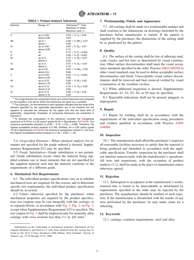 ASTM A781/A781M-11 - Standard Specification for Castings, Steel and Alloy, Common Requirements, for General Industrial Use