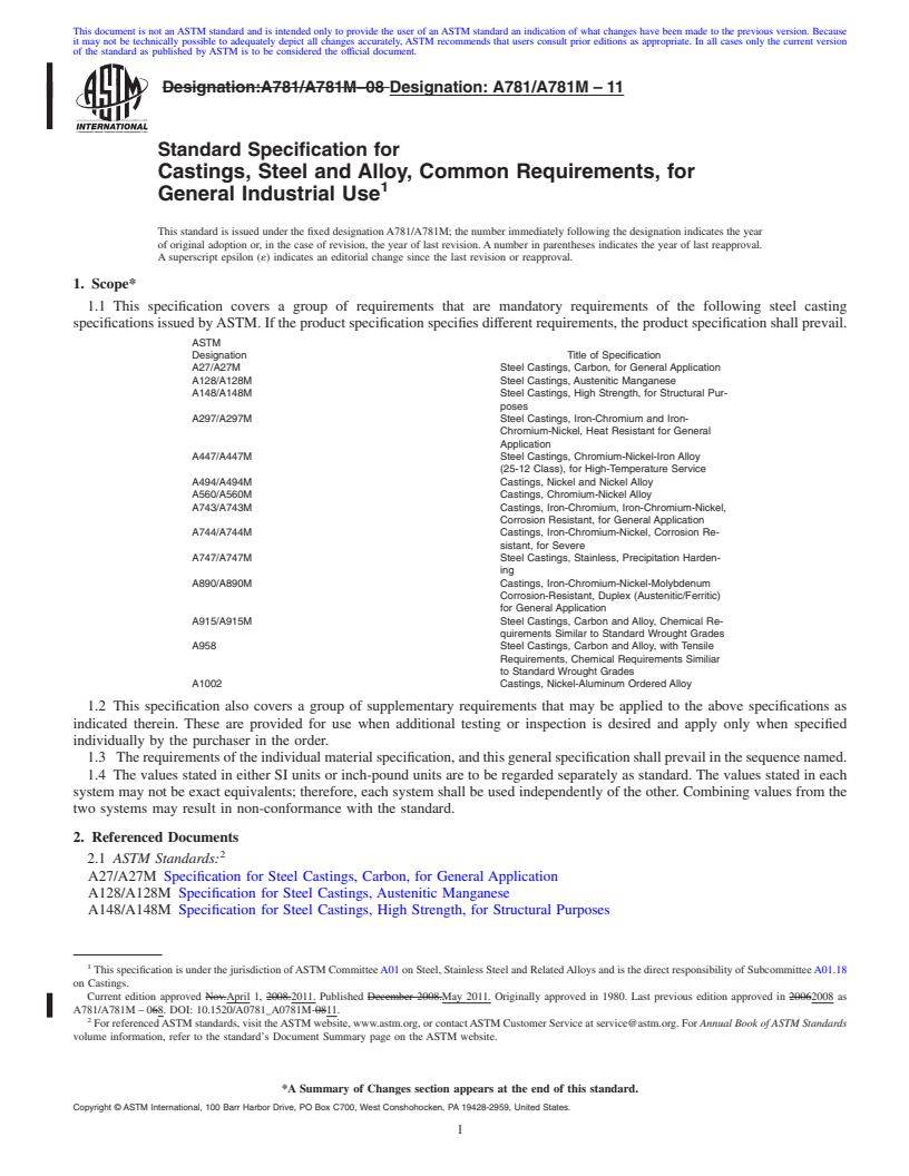 REDLINE ASTM A781/A781M-11 - Standard Specification for Castings, Steel and Alloy, Common Requirements, for General Industrial Use