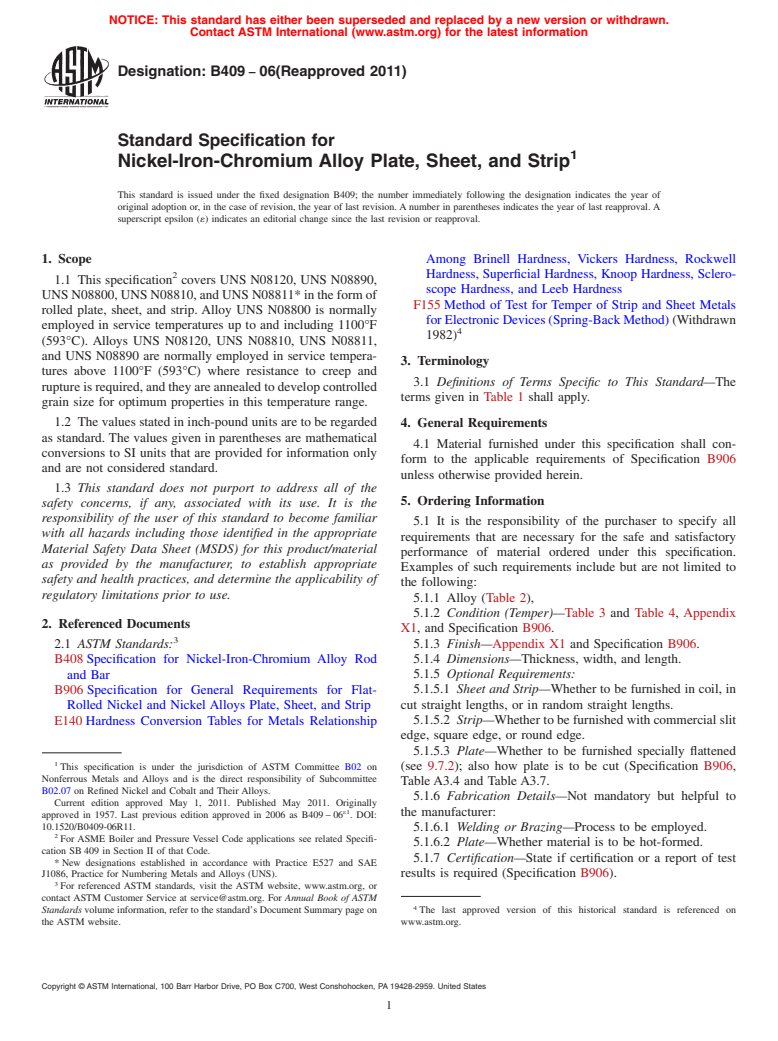 ASTM B409-06(2011) - Standard Specification for Nickel-Iron-Chromium Alloy Plate, Sheet, and Strip