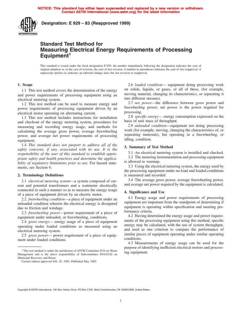 ASTM E929-83(1999) - Standard Test Method for Measuring Electrical Energy Requirements of Processing Equipment