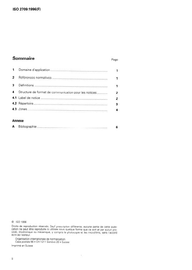 ISO 2709:1996 ISO 2709:1996 - Information et documentation -- Format pour l'échange d'information - Page 2 preview