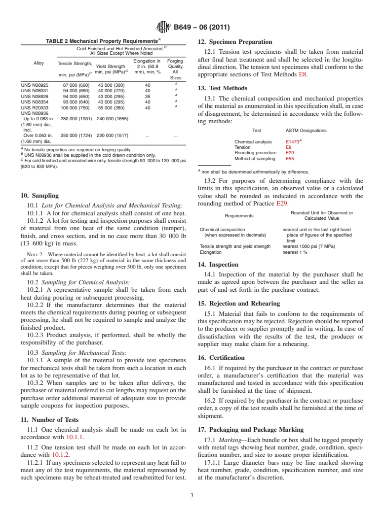 ASTM B649-06(2011) - Standard Specification for Ni-Fe-Cr-Mo-Cu-N Low-Carbon Alloys (UNS N08925, UNS N08031, UNS N08354, and UNS N08926), and Cr-Ni-Fe-N Low-Carbon Alloy (UNS R20033) Bar and Wire, and Ni-Cr-Fe-Mo-N Alloy (UNS N08936) Wire