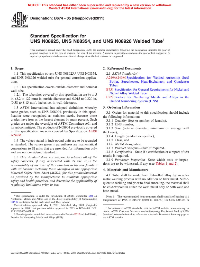 ASTM B674-05(2011) - Standard Specification for UNS N08925, UNS N08354, and UNS N08926 Welded Tube