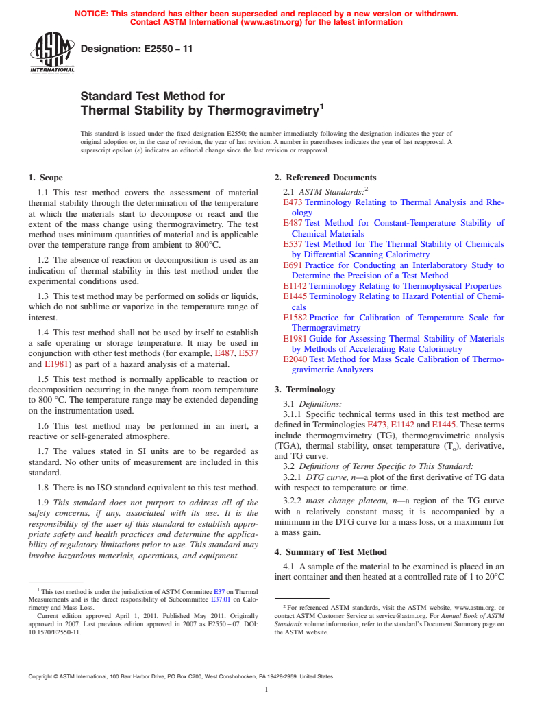 ASTM E2550-11 - Standard Test Method for Thermal Stability by Thermogravimetry