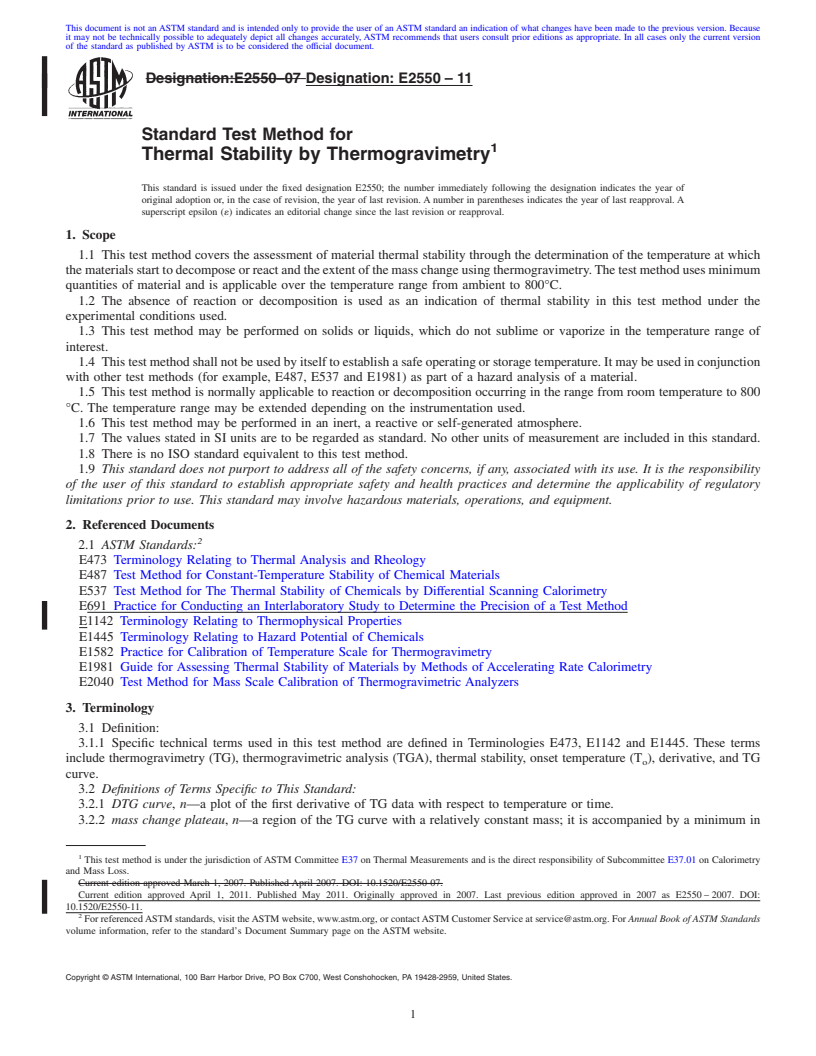 REDLINE ASTM E2550-11 - Standard Test Method for Thermal Stability by Thermogravimetry