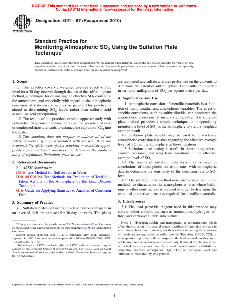 ASTM G91-97(2010) - Standard Practice for Monitoring Atmospheric SO<inf>2</inf> Using the Sulfation Plate Technique