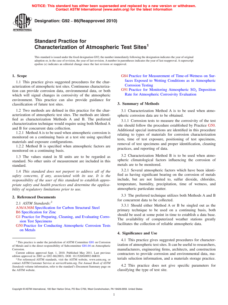 ASTM G92-86(2010) - Standard Practice for Characterization of Atmospheric Test Sites