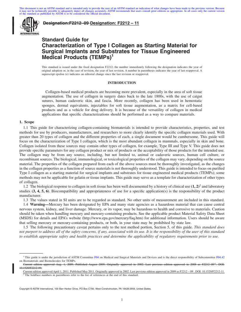 REDLINE ASTM F2212-11 - Standard Guide for Characterization of Type I Collagen as Starting Material for Surgical Implants and Substrates for Tissue Engineered Medical Products (TEMPs)