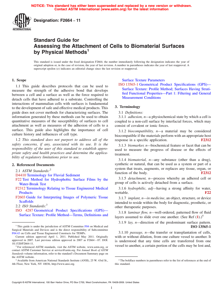 ASTM F2664-11 - Standard Guide for Assessing the Attachment of Cells to Biomaterial Surfaces by Physical Methods