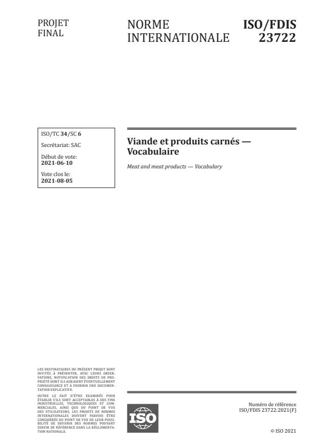 ISO/FDIS 23722:Version 10-jul-2021 - Viande et produits carnés -- Vocabulaire