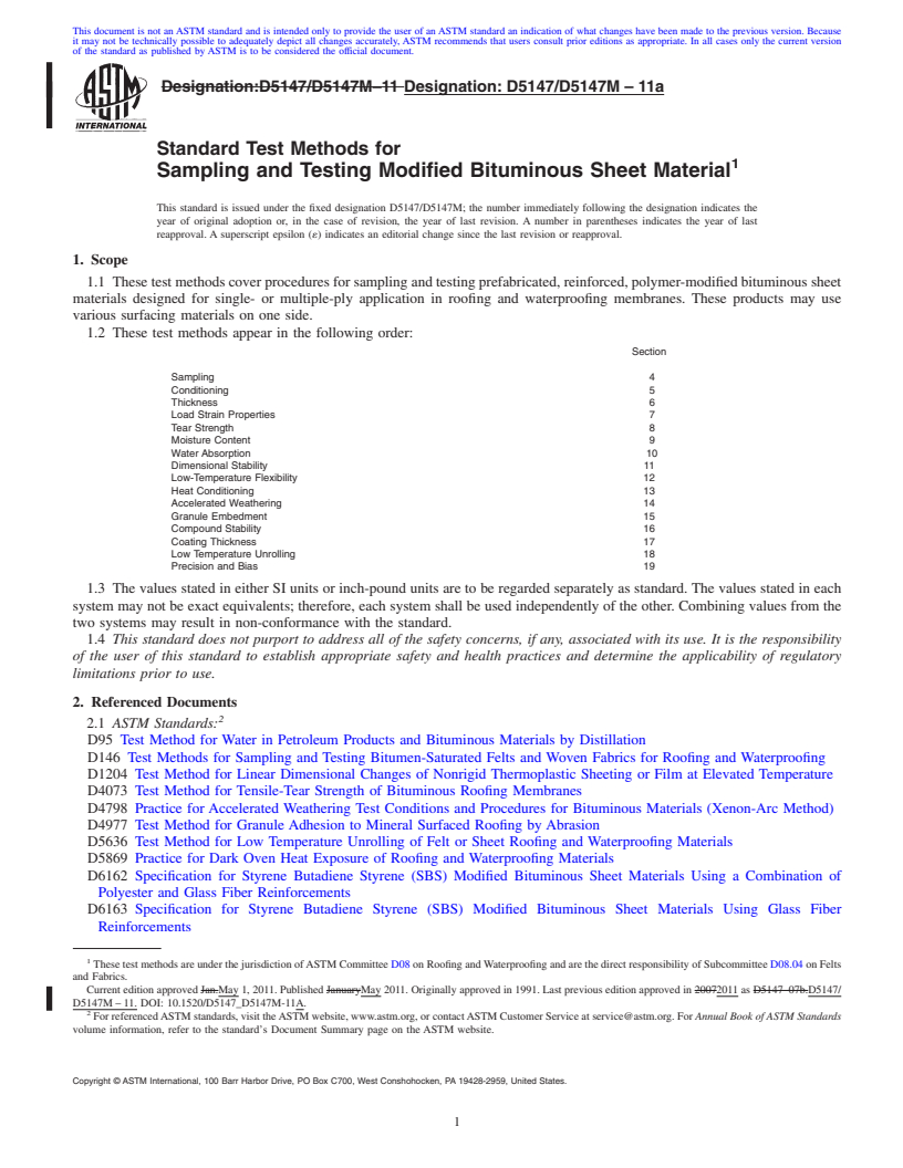 REDLINE ASTM D5147/D5147M-11a - Standard Test Methods for Sampling and Testing Modified Bituminous Sheet Material