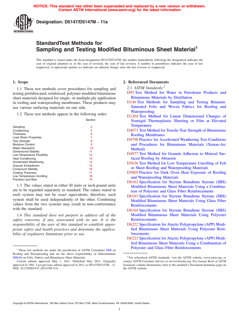 ASTM D5147/D5147M-11a - Standard Test Methods for Sampling and Testing Modified Bituminous Sheet Material