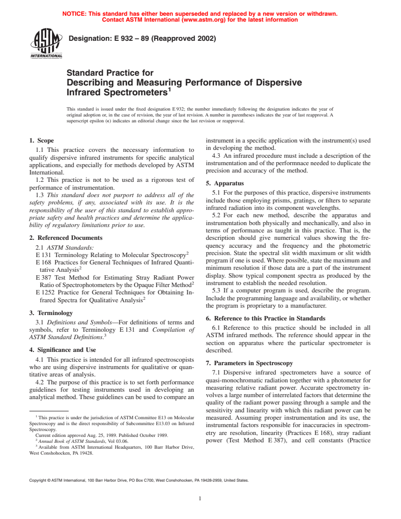 ASTM E932-89(2002) - Standard Practice for Describing and Measuring Performance of Dispersive Infrared Spectrometers