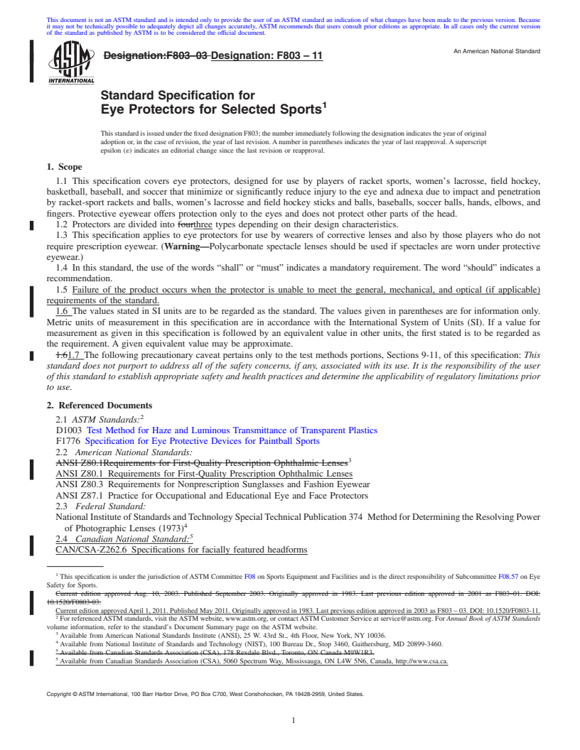 REDLINE ASTM F803-11 - Standard Specification for Eye Protectors For Selected Sports