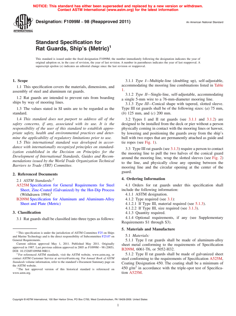 ASTM F1099M-98(2011) - Standard Specification for Rat Guards, Ship's (Metric)