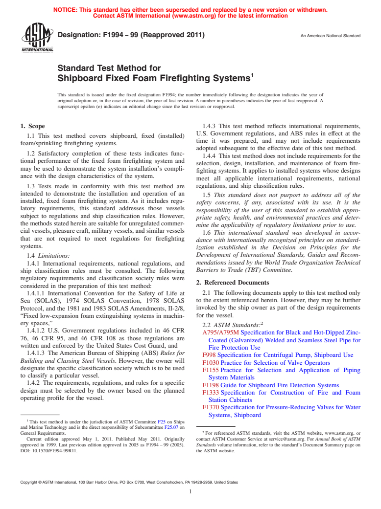 ASTM F1994-99(2011) - Standard Test Method for Shipboard Fixed Foam Firefighting Systems