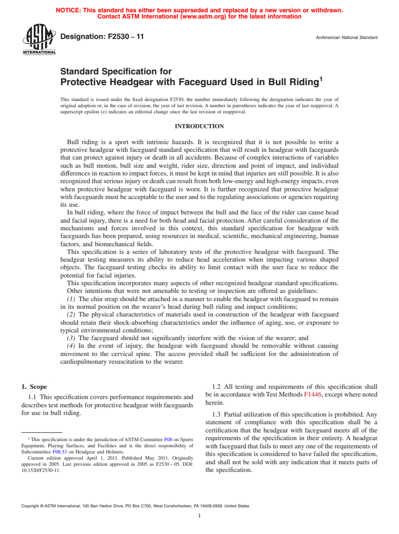 ASTM F2530-11 - Standard Specification for Protective Headgear with Faceguard Used in Bull Riding